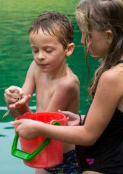 Dos niños junto a un lago en Eco domaine Le Camp, Occitania, Francia, sostienen un cubo y una rana pequeña.