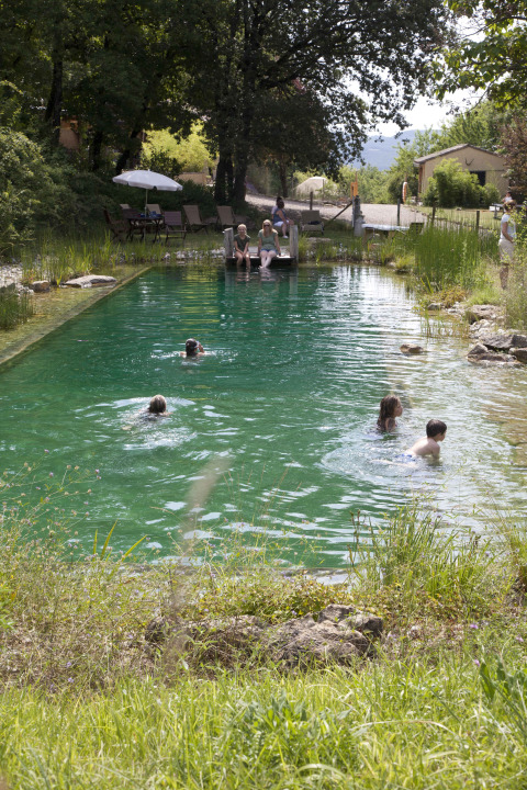 Personas nadando y relajándose junto a una piscina natural rodeada de vegetación en Eco domaine Le Camp.