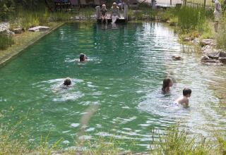 Mensen zwemmen en relaxen aan een natuurlijke zwemvijver vol groen bij Eco domaine Le Camp, Occitanië.