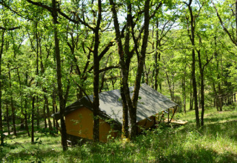 Safari-teltet Tent Shimoni gemt blandt grønne træer på Eco domaine Le Camp i Frankrig, sollys filtreret.