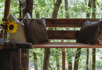 Houten bank met kussens en zonnebloemen in vaas op terras tussen bomen bij Tent Bamburi, Eco domaine Le Camp, Frankrijk.