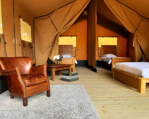 Interno della tenda safari Lodgetent Chrysalide all’Eco domaine Le Camp, Francia, con letti e poltrona in pelle.