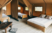 Gemütliches Safari-Lodgetent mit Holzboden, Doppelbett, Einzelbetten und Fenstern im Eco Domaine Le Camp.