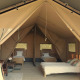Safari telt Lodgetent Chrysalide med tre senge, moderne møbler og åben indgang i naturmiljø.