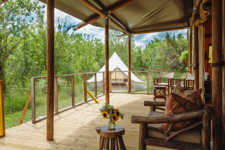 Vista desde una tienda tipo safari con muebles de madera y flores en la mesa, rodeada de naturaleza en Francia.