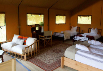 Indretning af en rummelig safaritelte med flere senge, sofa og træmøbler i Eco domaine Le Camp, Frankrig.