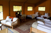 Interior de una tienda safari Lodgetent Meru con camas, sofá y alfombras en Eco domaine Le Camp, Francia.