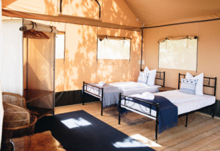 Indretning af Lodgetent Samburu på Eco domaine Le Camp i Frankrig med to enkeltsenge og naturligt lys.