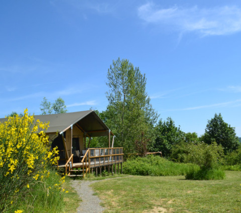 Tente safari Lodgetent Mont Kenya entourée de verdure, fleurs jaunes et ciel bleu en arrière-plan.