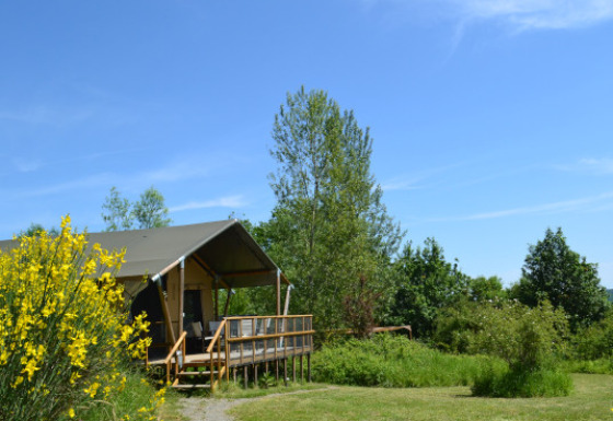 Safari-teltet Lodgetent Mont Kenya midt i grøn natur, med blå himmel og gule blomster i forgrunden.