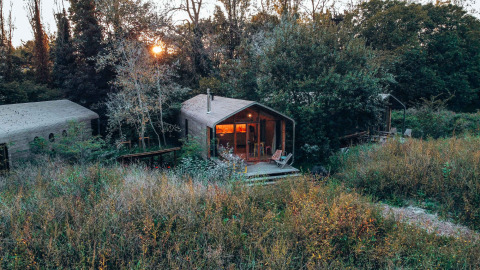 Træhytter og frodig natur i Les Cabanes d'Ostende feriepark, omgivet af højt græs og skov i Belgien.