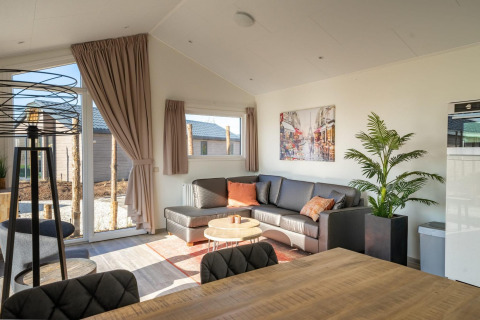 Lichte, moderne woonkamer in Velthorst Lodge aan Zilverstrand in België, met zetel, tafel en planten.