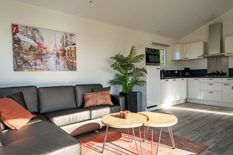 Moderne Velthorst lodge woonkamer aan Zilverstrand, België, met bank, kunst, plant en lichte keuken.