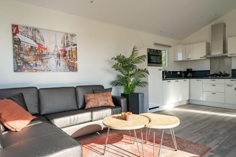 Modern Velthorst lodge living room at Zilverstrand, Belgium, with sofa, art, plant and bright kitchen.
