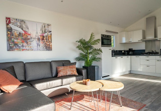 Modernes Wohnzimmer einer Velthorst-Lodge am Zilverstrand in Belgien mit Sofa, Pflanze und Küche.