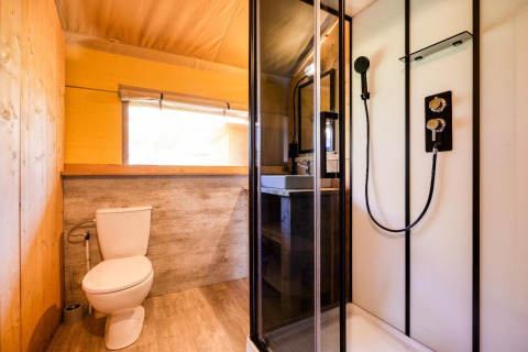 Baño en la cabaña Sunshine en Petite Suisse, Bélgica, con ducha moderna, inodoro y lavamanos elegante.