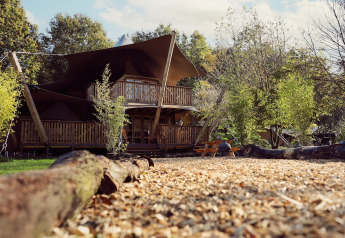 Safari-Glampingzelt Hacienda im Resort de Parel, Niederlande, mit Holzveranda und grüner Umgebung.