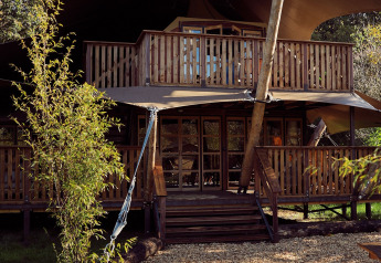 Safari-Glampingzelt Hacienda mit Holzveranda im Resort de Parel in den Niederlanden, von Natur umgeben.