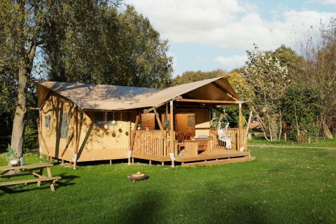 Tente safari avec véranda en bois, fauteuil suspendu et coin salon, entourée de verdure et d’arbres.
