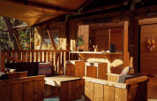 Terraza de tienda safari con muebles de madera, cojines coloridos y ambiente relajado al aire libre.