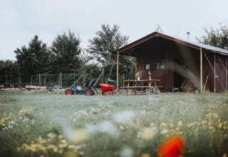 Rustic cabin with picnic table and children's toys in grassy field at Feather Down Hoeve Brugge, Belgium.