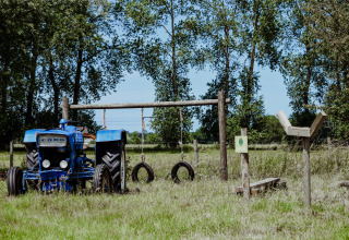 Blauwe Ford-tractor bij schommels en houten speeltoestel op het gras in Feather Down Hoeve Brugge.