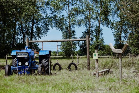 Blauwe Ford-tractor bij schommels en houten speeltoestel op het gras in Feather Down Hoeve Brugge.
