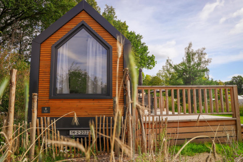 Tiny wooden house with large window and deck at Holiday Park Sallandshoeve, Netherlands, surrounded by greenery.