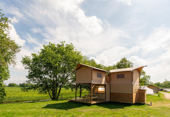Boomhuttent in safaristijl met terras bij Vakantiepark Mölke in Nederland, omringd door natuur.