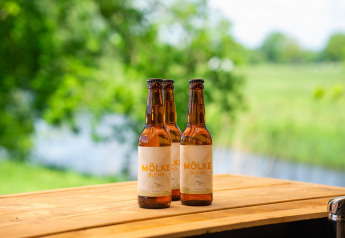 Drei Flaschen Mölke Blond Bier auf einem Holztisch mit grüner Natur im Hintergrund bei Holiday Park Mölke.