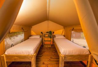 Indretning af safaritelt med to enkeltsenge på Holiday Park Mölke i Holland, varmt træinteriør.