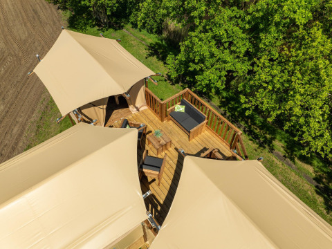 Vue aérienne de la tente safari Treehouse avec terrasse meublée au Holiday Park Mölke, Pays-Bas, entourée d’arbres.