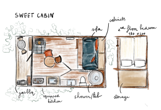 Handgetekende plattegrond van de Sweet Cabin in Limburg, België, met keuken, woonkamer en slaapkamer.