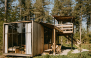 Cabaña moderna de madera en Treetrunk de Cosy Cabins en el bosque de Limburg, Bélgica, entre pinos altos.