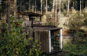De Treetrunk lodge bij Cosy Cabins in het Limburgse bos in België, omringd door natuur en hoge bomen.