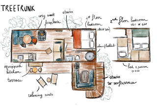 Handgetekend grondplan van de Treetrunk lodge bij Cosy Cabins in het Limburgse woud, België.