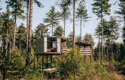 Een moderne boomhut genaamd Treetop bij Cosy Cabins in het bos van Limburg, België, omringd door hoge bomen.