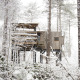 Et træhus omgivet af sneklædte træer i skovområdet Limburg, Belgien, kendt som Treetop ved Cosy Cabins.