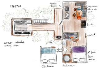 Plano de Treetop treehouse hecho a mano con dormitorios, cocina, chimenea y área para sentarse afuera.