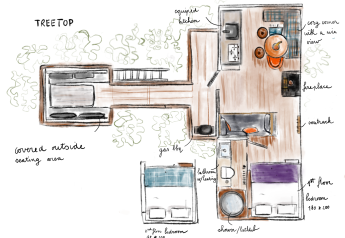 Plan dessiné à la main de la cabane Treetop avec chambres, cuisine, cheminée et coin salon extérieur.