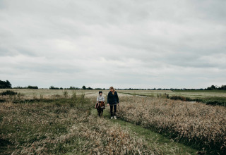 Un adulte marche avec un enfant sur un poney à travers les hautes herbes à Feather Down TaarTenTuin, Hollande méridionale.