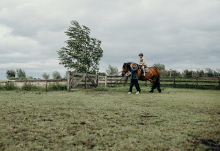 An adult leads a child riding a brown horse across a fenced field at Feather Down TaarTenTuin holiday park.