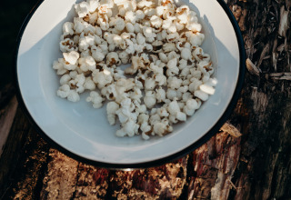 En skål med popcorn placeret ovenpå en træstamme, fotograferet i Feather Down TaarTenTuin i Sydholland.