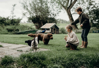 Due bambini giocano con un cane, galline e un pavone sull’erba a Feather Down TaarTenTuin, Sud dell’Olanda.