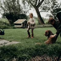 Dos niños juegan en el césped con un perro mientras un pavo real pasa cerca en Aarlanderveen, Holanda Meridional, Países Bajos.