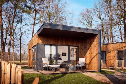 Modern wooden holiday villa with patio seating at Amalia 2, Hofparken Wiltershaar, Netherlands, on a sunny day.