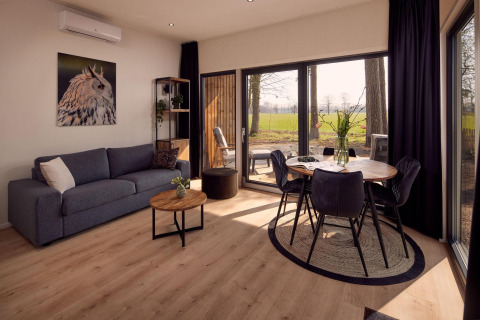 Salón moderno en la villa Holiday Amalia 2 en Hofparken Wiltershaar, Países Bajos, con grandes ventanas y vista natural.