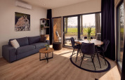 Moderne leefruimte in Holiday villa Amalia 2 bij Hofparken Wiltershaar, Nederland, met grote ramen naar de natuur.