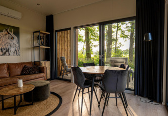Moderne lodge med lædersofa, spisebord, store vinduer og udsigt til terrasse og grøn skov udenfor.