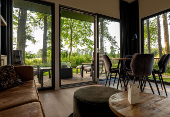 Udsigt fra stuen i en hytte med glasdøre til terrasse og skov, moderne interiør og spisebord.